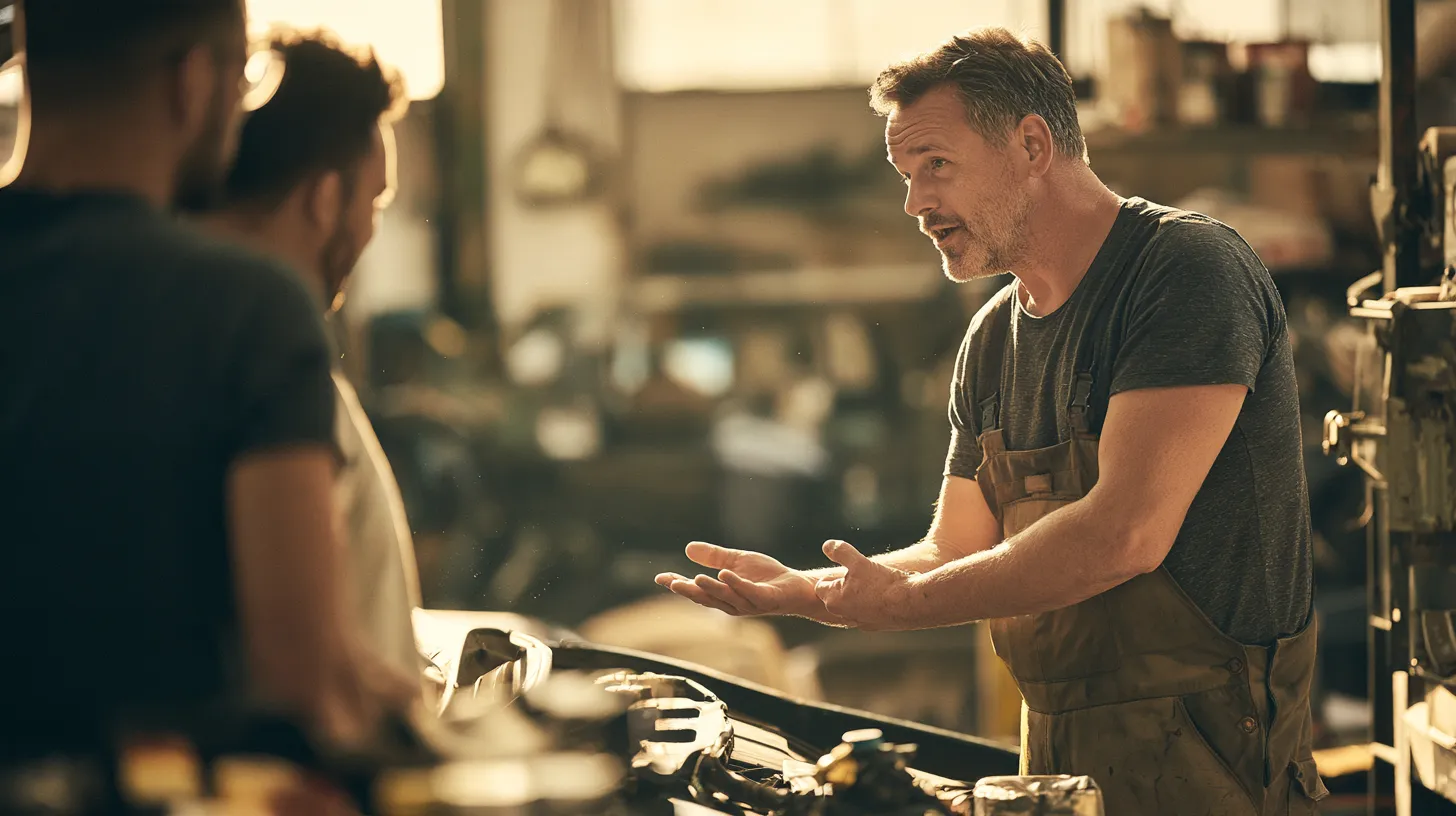 Mechanic explaining an emergency car repair estimate to a customer