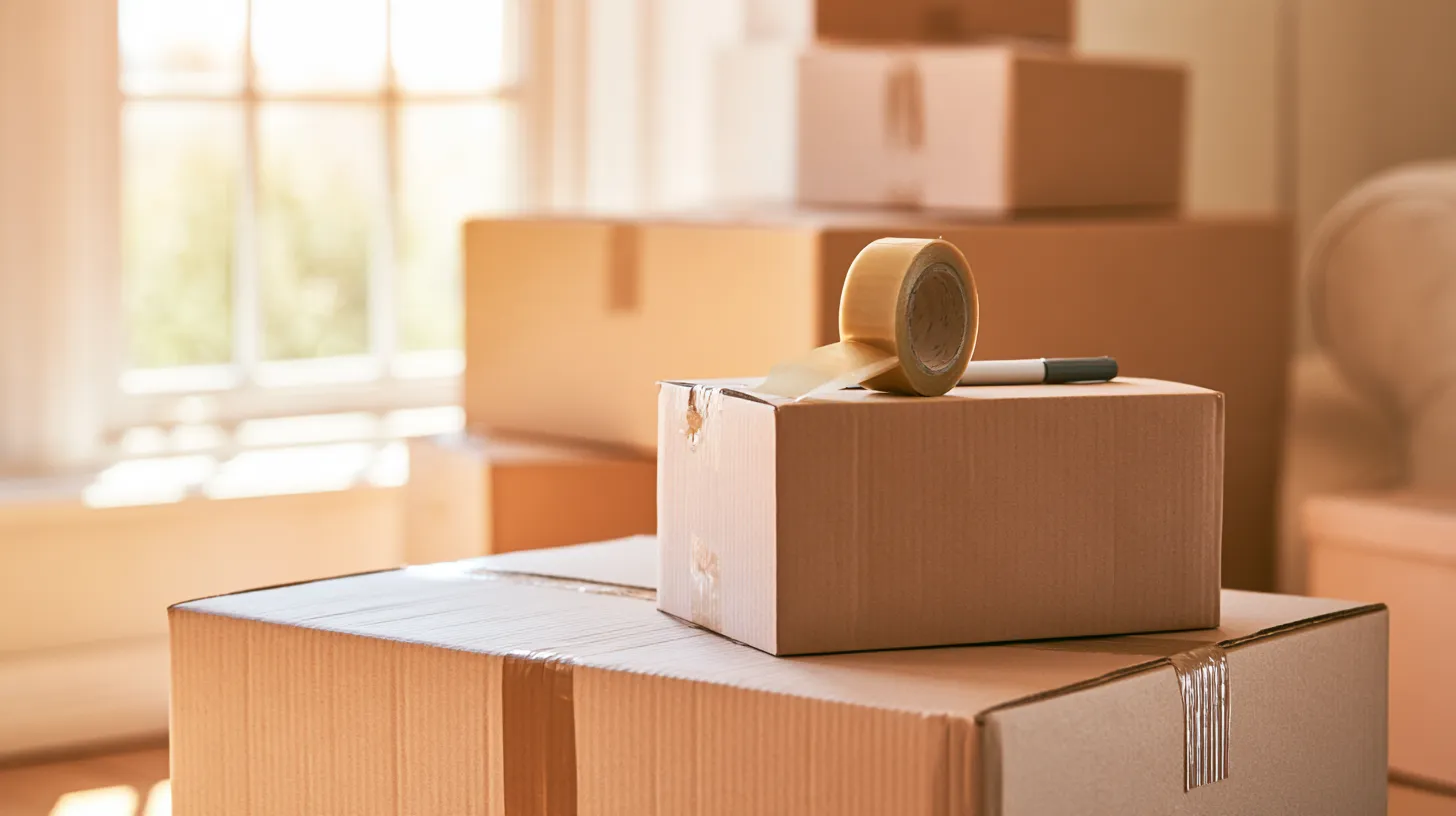 Packed moving boxes and a budget sheet for relocation expenses